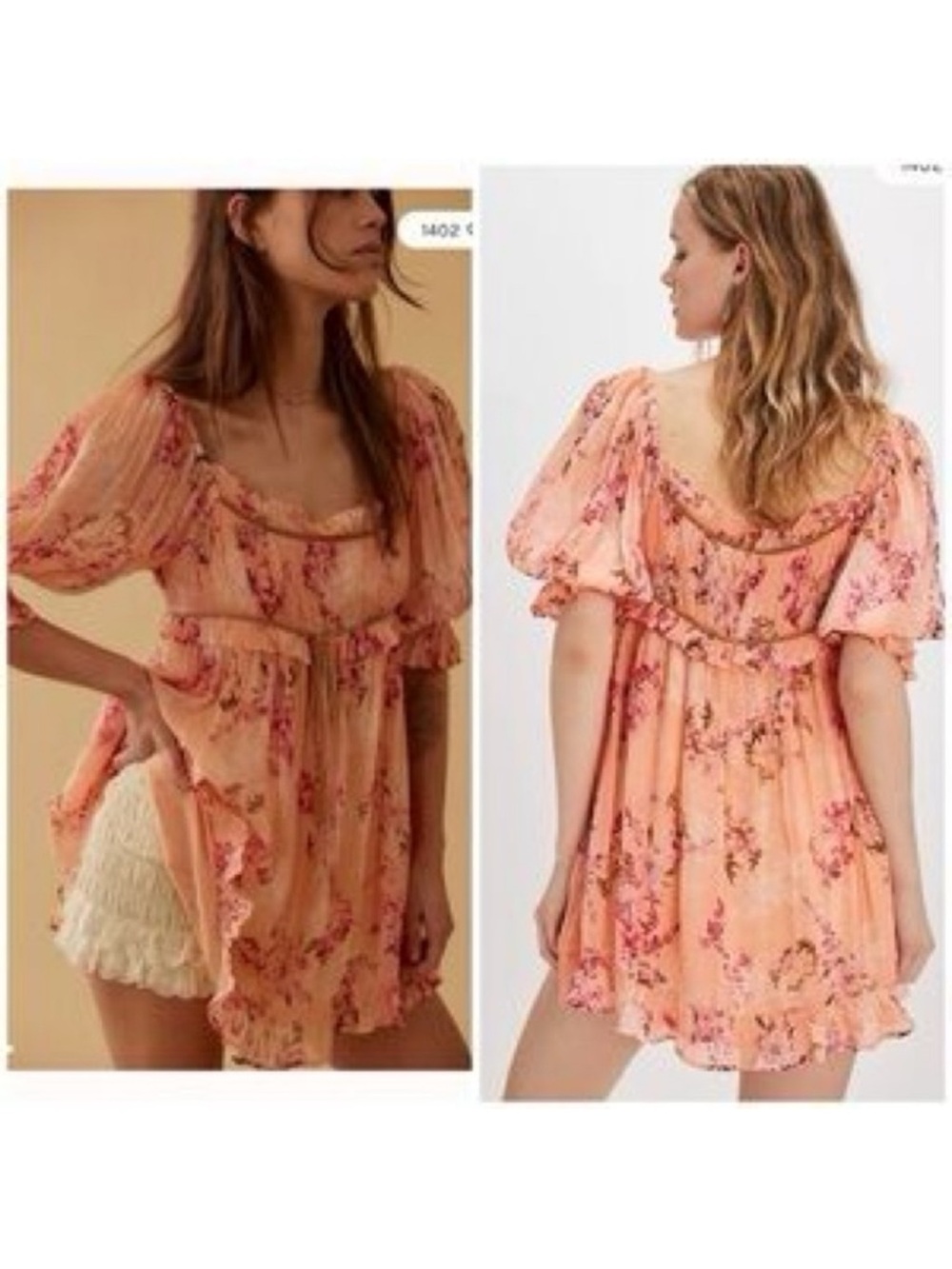 Free People Marney Mini Dress Peach Combo Floral Babydoll Boho Size Large - Picture 10 of 10